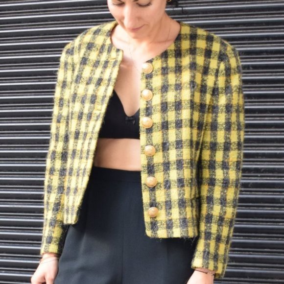 Vintage Jackets & Blazers - ***SOLD*** VINTAGE Yellow Black Plaid Wool Cropped Jacket: Classic Chic | 8